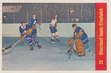 1957 Parkhurst Olmstead beats Chadwick #25o Hockey Card