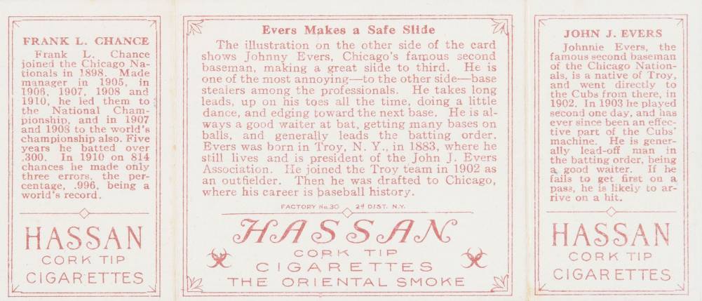 1912 Hassan Triple Folders Evers Makes a Safe Slide # Baseball Card