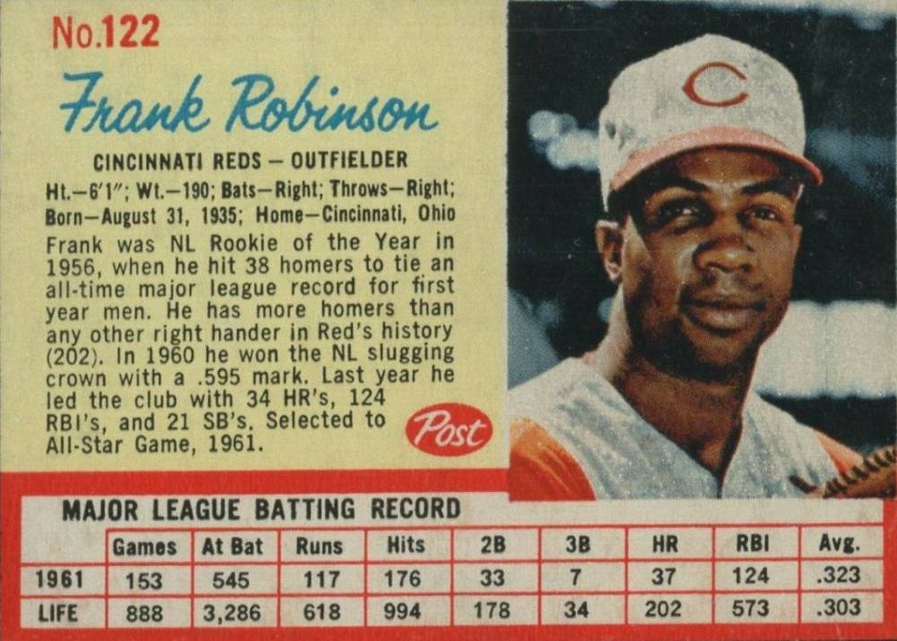 1962 Post Cereal Frank Robinson #122 Baseball Card