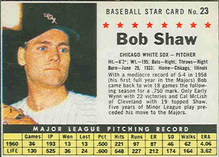 1961 Post Cereal Bob Shaw #23 Baseball Card