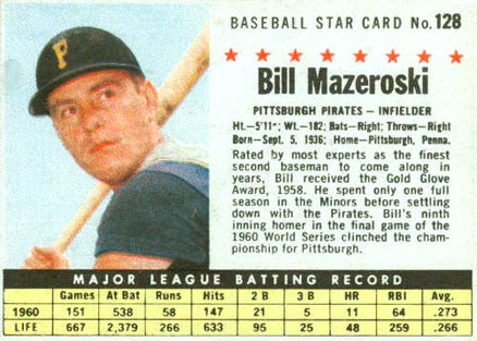 1961 Post Cereal Bill Mazeroski #128 Baseball Card