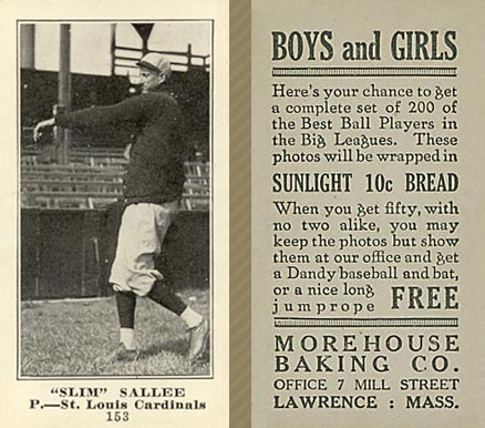 1916 Morehouse Baking Slim Sallee #153 Baseball Card