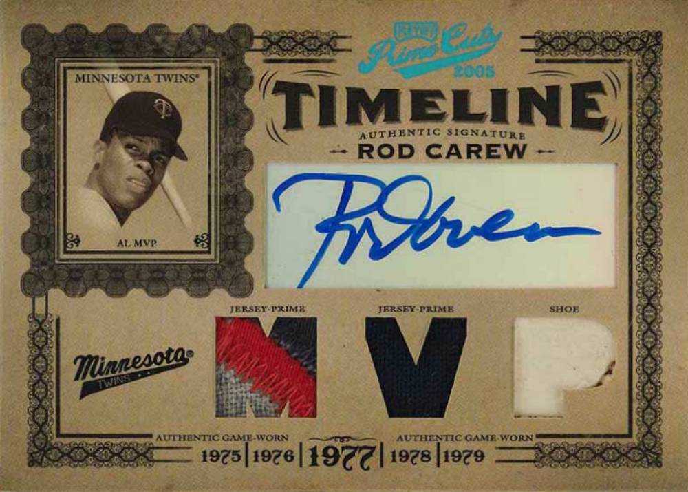 2005 Playoff Prime Cuts Timeline Signature Material Trio Rod Carew #T-23 Baseball Card
