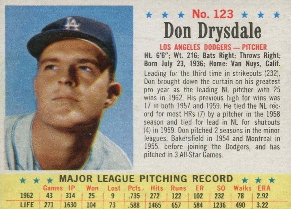 1963 Post Cereal Don Drysdale #123 Baseball Card