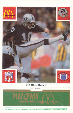 1986 McDonald's Raiders Chris Bahr #10 Football Card