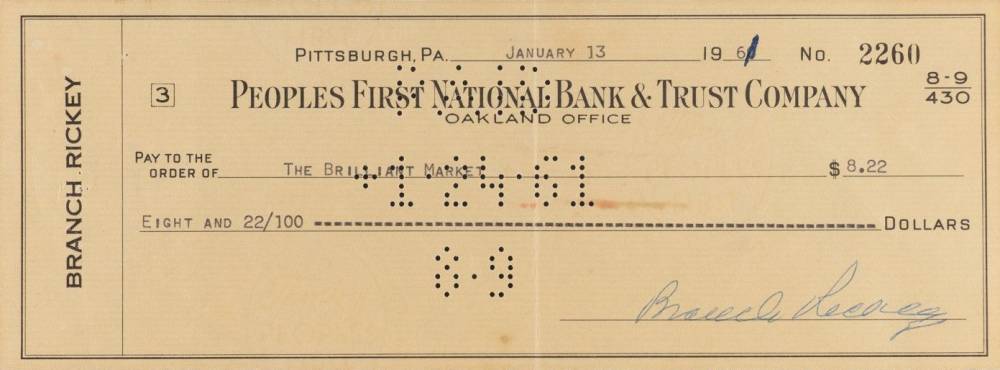 1990 Hall of Fame Autograph Bank Checks Branch Rickey # Baseball Card