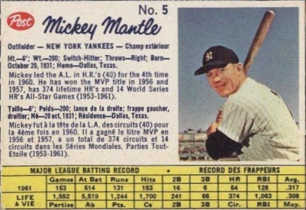 1962 Post Canadian Mickey Mantle #5 Baseball Card