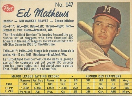 1962 Post Canadian Ed Mathews #147 Baseball Card