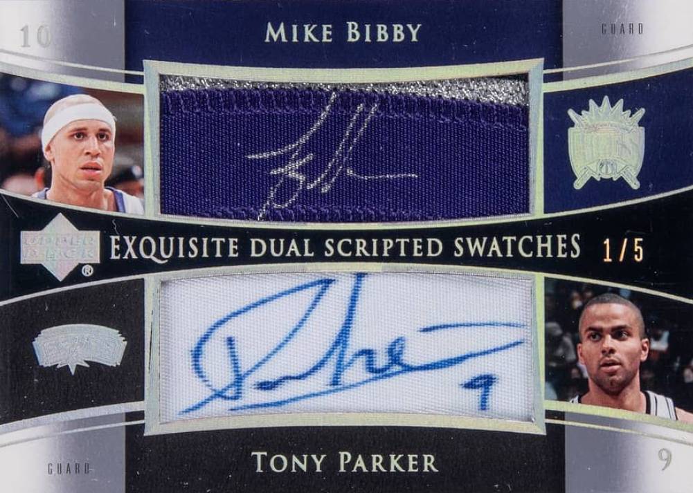 2004 Upper Deck Exquisite Collection Dual Scripted Swatches Mike Bibby/Tony Parker #SS2BP Basketball Card