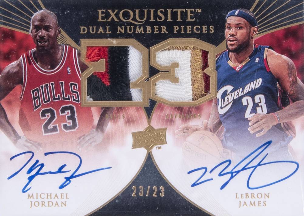 2007 Upper Deck Exquisite Collection Dual Numbers Autograph Patch LeBron James/Michael Jordan #EDNJJ Basketball Card