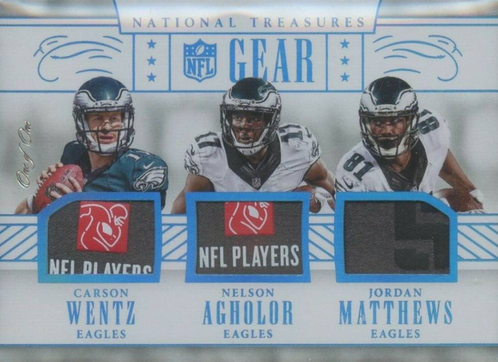 2016 Panini National Treasures NFL Gear Trios Carson Wentz/Jordan Matthews/Nelson Agholor #4 Football Card