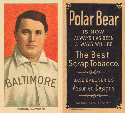 1909 White Borders Polar Bear Adkins, Baltimore #5 Baseball Card