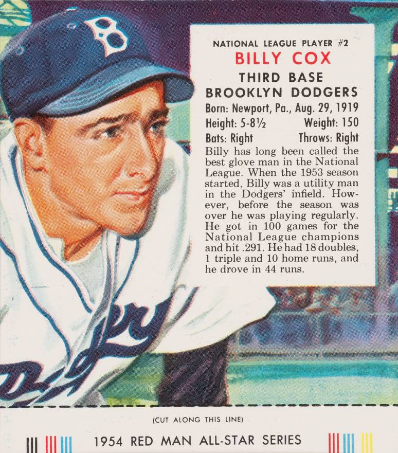 1954 Red Man Tobacco Billy Cox #2 Baseball Card