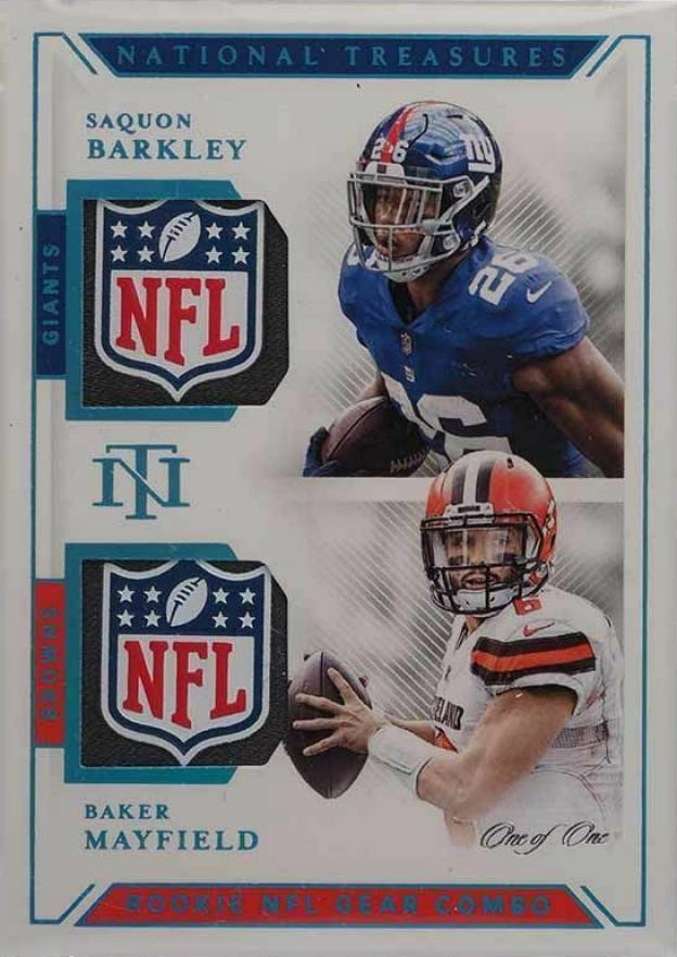 2018 Panini National Treasures Rookie NFL Gear Combo Material Baker Mayfield/Saquon Barkley #GCM23 Football Card