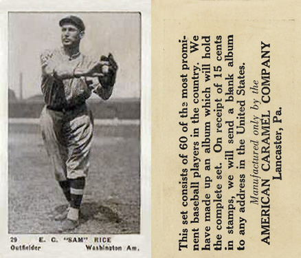 1927 American Caramel--Series of 60 E.C. "Sam" Rice #29 Baseball Card