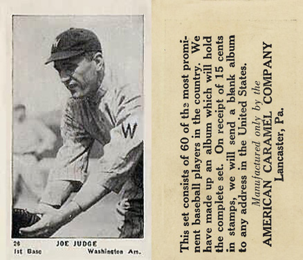 1927 American Caramel--Series of 60 Joe Judge #26 Baseball Card