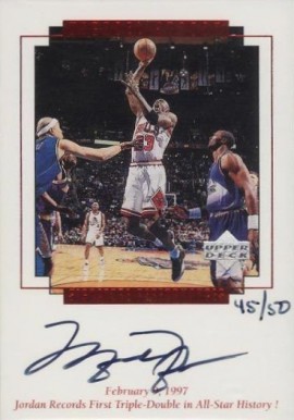1999 Upper Deck MJ Master Collection Signature Performances Jordan records first Triple-Double... #MJ8 Basketball Card