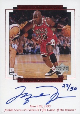 1999 Upper Deck MJ Master Collection Signature Performances Jordan scores 55 #MJ7 Basketball Card