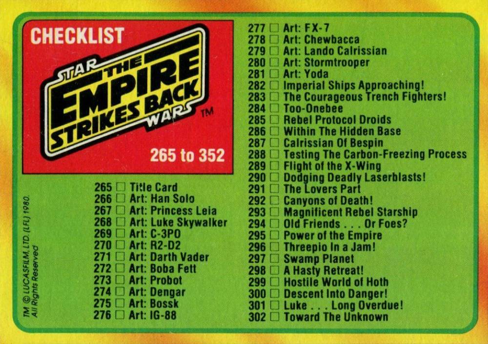 1980 Star Wars Empire Strikes Back Checklist 265-352 #352 Non-Sports Card