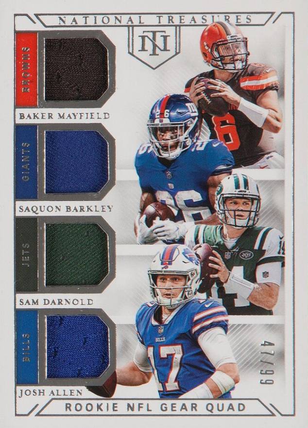 2018 Panini National Treasures Rookie NFL Gear Quad Materials Baker Mayfield/Josh Allen/Sam Darnold/Saquon Barkley #GQM1 Football Card