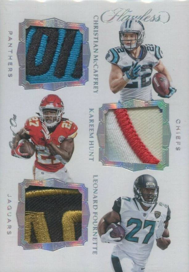 2017 Panini Flawless Triple Patches Christian McCaffrey/Kareem Hunt/Leonard Fournette #MHF Football Card