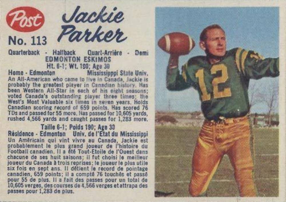 1962 CFL Post Cereal Jackie Parker #113 Football Card