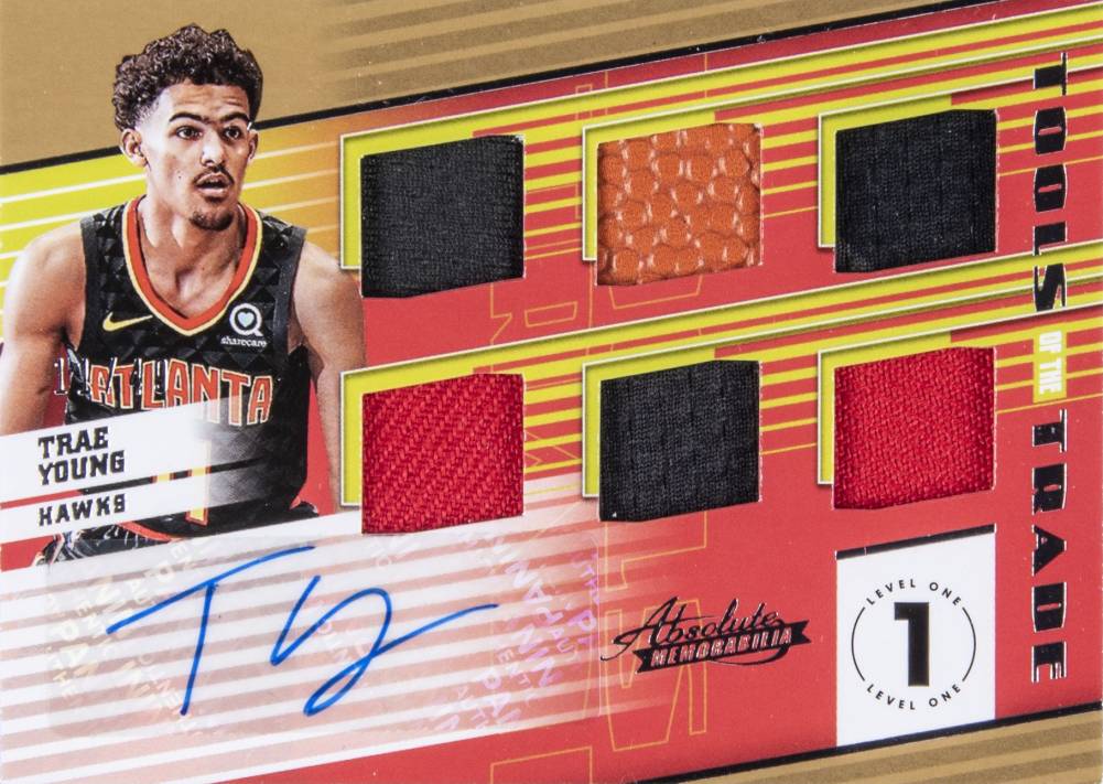 2018 Panini Absolute Memorabilia Tools Of The Trade Six Swatch Signatures Trae Young #T6TYG Basketball Card