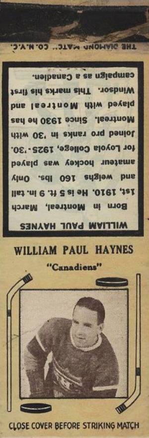1936 Matchbook Paul Haynes # Hockey Card