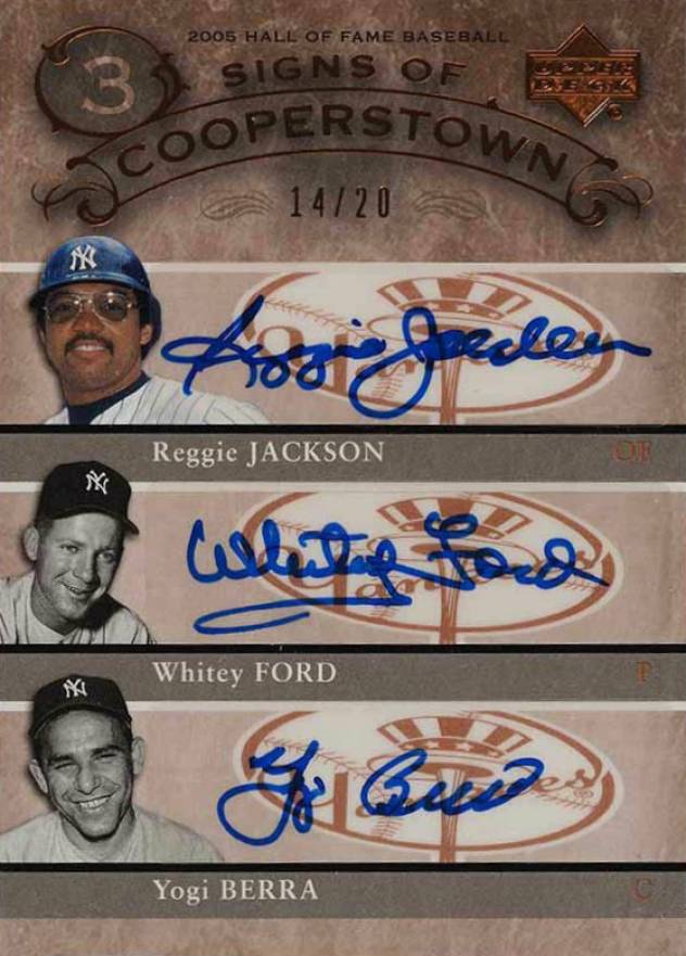 2005 Upper Deck Hall of Fame Signs of Cooperstown Triple Autograph Reggie Jackson/Whitey Ford/Yogi Berra #JFB Baseball Card