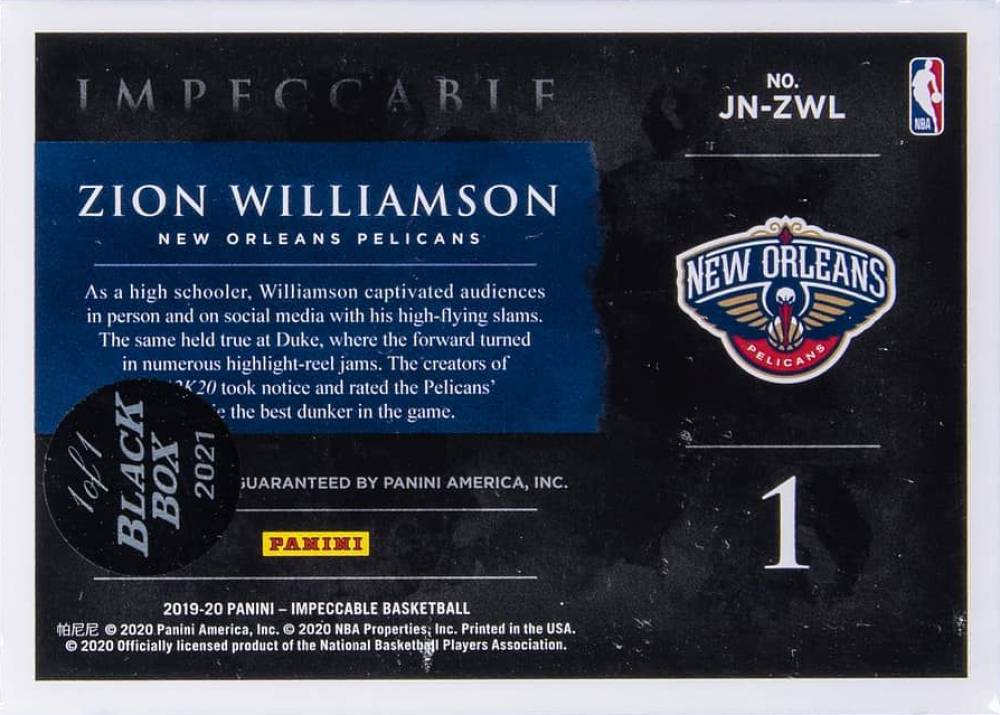 2019 Panini Impeccable Jersey Number Autographs Zion Williamson #ZWL Basketball Card