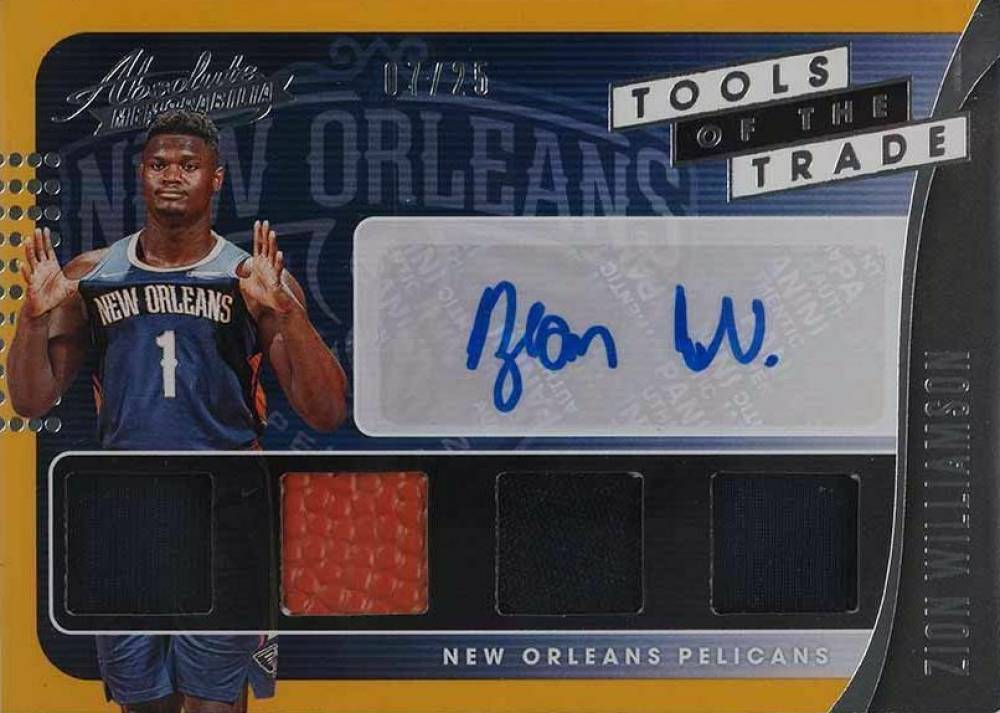 2019 Panini Absolute Memorabilia Tools Of The Trade Four Swatch Signatures Zion Williamson #ZWL Basketball Card