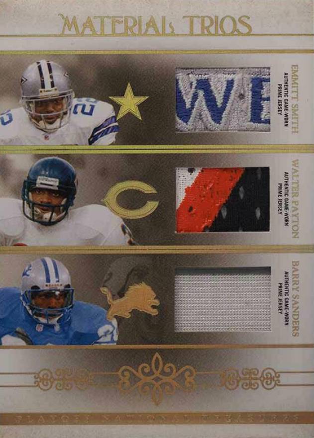 2007 Playoff National Treasures Material Trios Emmitt Smith/Walter Payton/Barry Sanders #ESWPBS Football Card