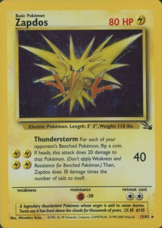 1999 Pokemon Fossil Zapdos-Holo #15 TCG Card