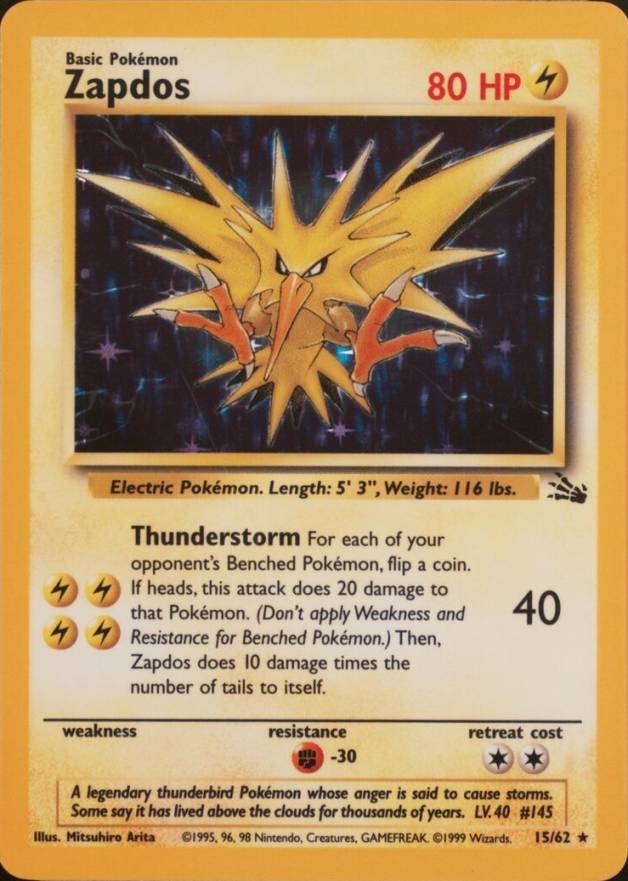 1999 Pokemon Fossil Zapdos-Holo #15 TCG Card