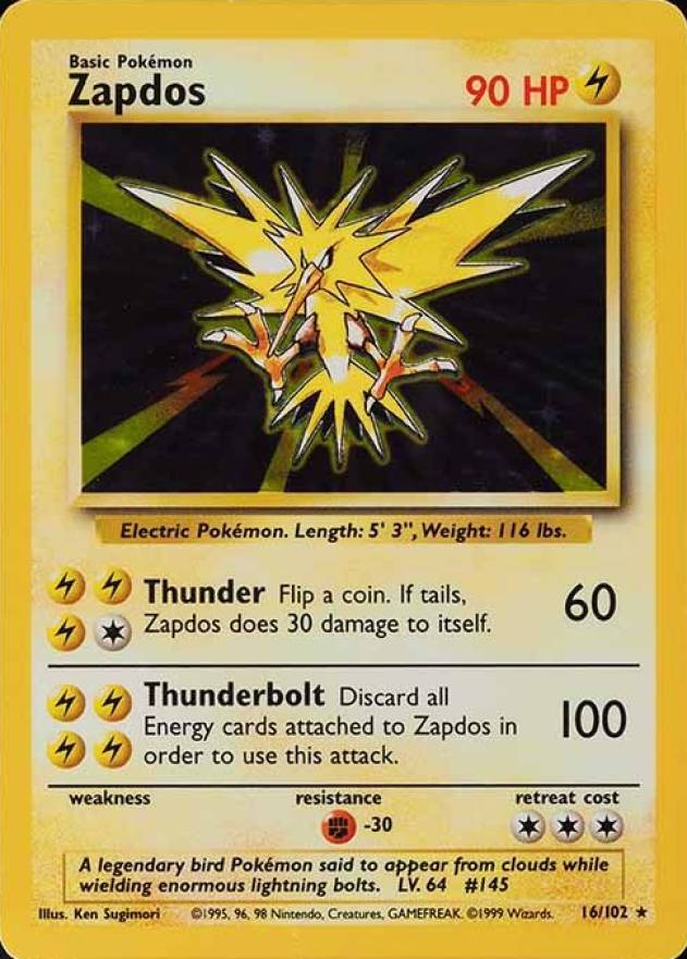 1999 Pokemon Game Zapdos-Holo #16 TCG Card