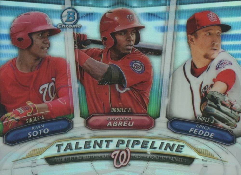 2018 Bowman Talent Pipeline Chrome Erick Fedde/Juan Soto/Osvaldo Abreu #WAS Baseball Card