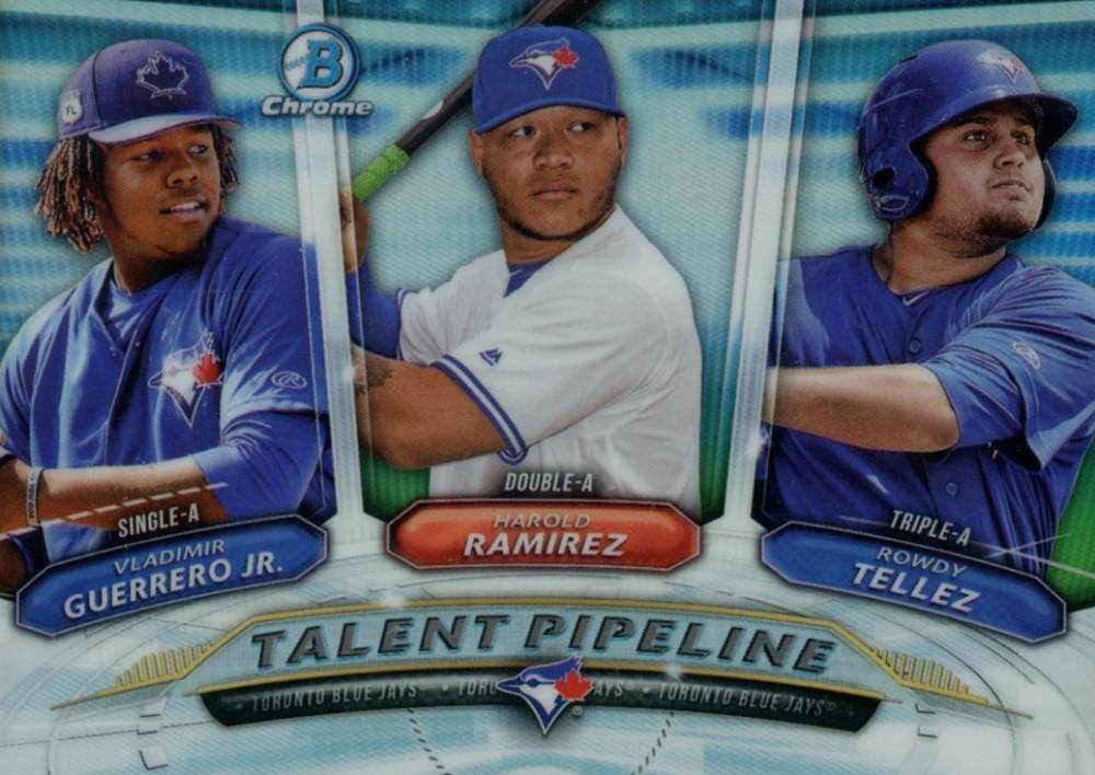 2018 Bowman Talent Pipeline Chrome Harold Ramirez/Rowdy Tellez/Vladimir Guerrero Jr. #TOR Baseball Card