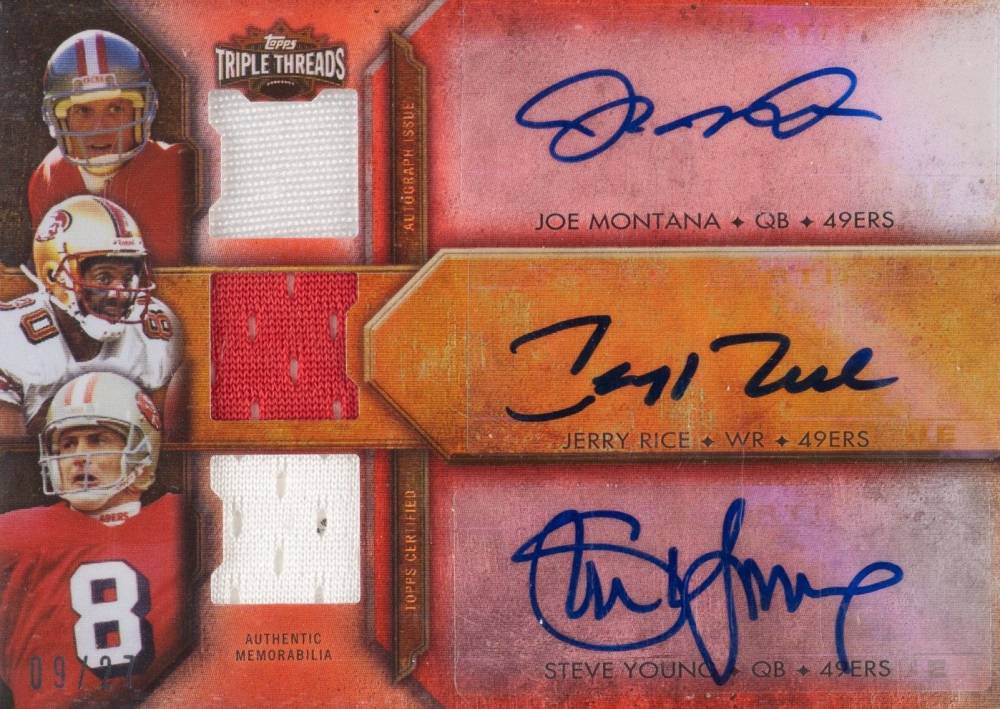 2012 Topps Triple Threads Autograph Relic Combos Jerry Rice/Joe Montana/Steve Young #9 Football Card