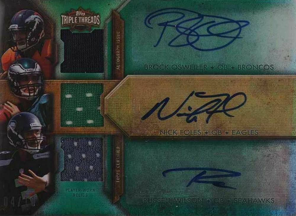 2012 Topps Triple Threads Autograph Relic Combos Brock Osweiler/Nick Foles/Russell Wilson #12 Football Card