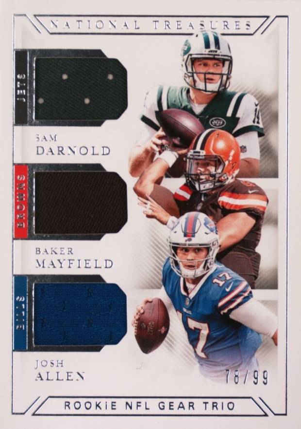 2018 Panini National Treasures Rookie NFL Gear Trio Materials Baker Mayfield/Josh Allen/Sam Darnold #GTM2 Football Card